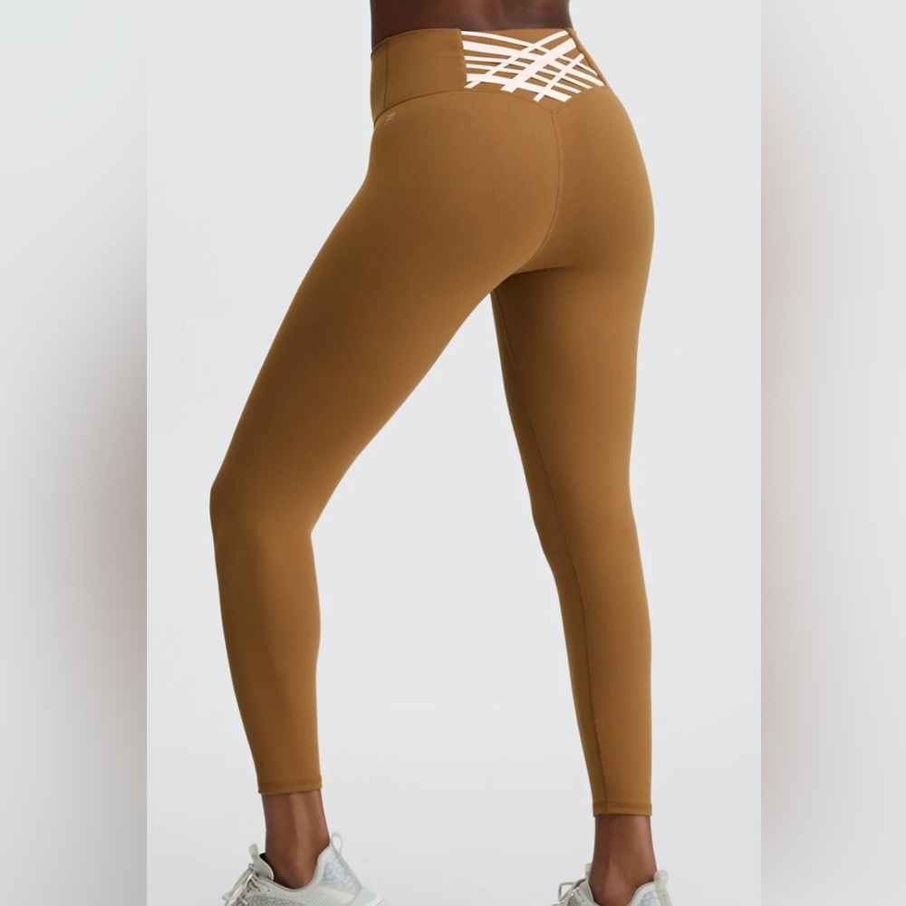Fabletics brown PowerHold Leggings 7/8 length criss cross women’s size small